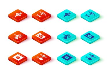 3D yazıcı, tavuk budu, uyarı, mühendislik için çizim kağıdı, anahtar anahtarı ve tarayıcı simgesi ayarla. Vektör