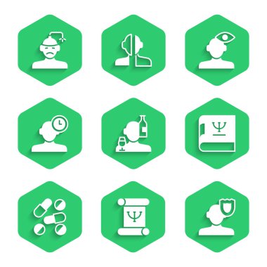 Alkolizm, psikoloji kitabı, ilaç hapı ya da tablet, uykusuzluk, çözüm problemi psikolojisi ve beyin sarsıntısı, baş ağrısı ikonu. Vektör