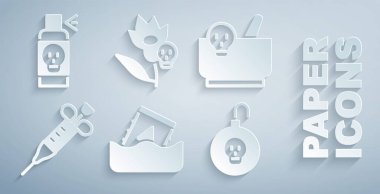 Radyoaktif atığı varile, havan topuna, şırıngaya, nükleer bombaya, zehirli çiçeğe ve böcek ikonuna karşı sprey püskürtmeye ayarlayın. Vektör