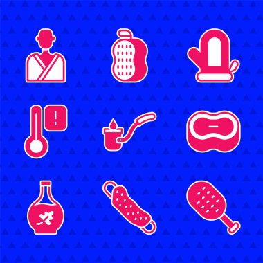 Sauna kepçesi, bez, fırça, sabun, temel yağ şişesi, termometre, eldiven ve sauna ikonu. Vektör