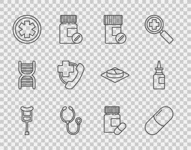 Koltuk değnekleri, koltuk değnekleri, ilaç tableti, şişe ve haplar, steteskop, acil durumun tıbbi sembolü, hastaneye telefon görüşmesi ve şişe burun spreyi ikonu. Vektör