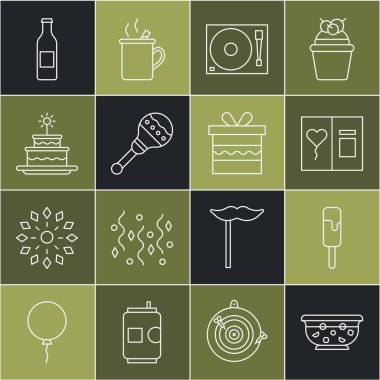 Set hattı kaseye karışık punç, dondurma, tebrik kartı, vinil diskli vinil çalar, Maracas, pasta yakan mumlar, bira şişesi ve hediye kutusu ikonu. Vektör