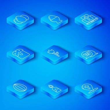 Paskalya yumurtası, çiçek lalesi, yanan mum, paskalya bayramında konuşma balonu dizüstü bilgisayar ekranında haç, pasta, yumurta ve Hıristiyan haç simgesi. Vektör