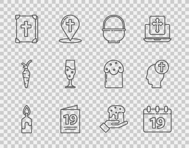 Yakıcı mum, Mutlu Paskalyalar, Sepet, Kutlama kartı, Kutsal İncil kitabı, şarap kadehi, insan eli paskalya pastası ve baş Hıristiyan haç ikonu. Vektör