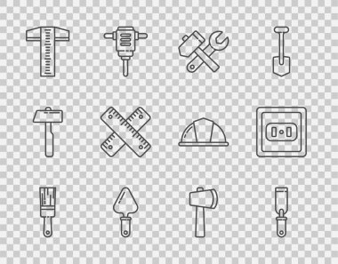 Çizgi fırçası, Rasp metal dosyası, çekiç ve anahtar anahtarı, Trowel, T-kare çizgi, çapraz cetvel, tahta balta ve elektrik çıkış ikonu. Vektör