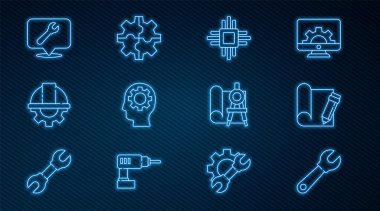 Hat anahtarı, çizelge kağıdı ve kalem, mikro devreli işlemci, içinde insan başlığı, işçi kaskı, yer anahtarı, pusula ve dişli simgesi olan işlemci ayarla. Vektör