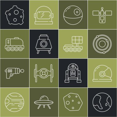 Dünya küresi, astronot miğferi, güneş sistemi, Ölüm Yıldızı, Mars gezgini, göktaşı ve ikon. Vektör