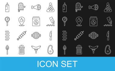 Biftek eti, barbekü bıçağı, sos şişesi, tavuk budu, alev alev yanan yer, mutfak termometresi ve kömür torbası ikonu. Vektör