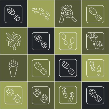 Çizgili insan ayak izi ayakkabıları, kurbağa pençesi, ayak izli büyüteç, paspas ve ikon. Vektör