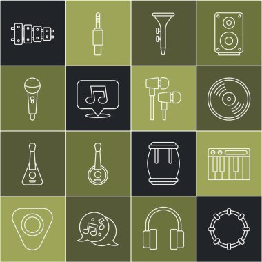 Tef, müzik sentezleyicisi, vinil disk, davul ve bagetler, nota, ton, mikrofon, ksilofon ve hava kulaklığı simgesi. Vektör