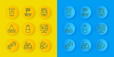 Hat POS terminalini kredi kartı, asılma işareti Açık, Baharat kutusu, bilgisayarda alışveriş arabası, yoğurt kabı, et paketleme bifteği ve elektronik ölçek ikonu ile ayarla. Vektör