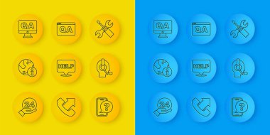Satır Telefon 24 saat desteği, Bilgi, Konuşma baloncuğu, metin yardımı, Erkek kulaklığı, Soru ve Yanıt, tornavida anahtarı anahtarı ve simgesi. Vektör