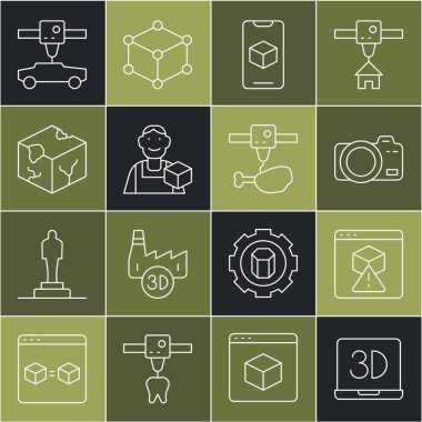 3D yazıcı, fotoğraf makinesi, yazılım, grafik tasarımcısı, Isometric küp, araba ve tavuk budu ikonu. Vektör