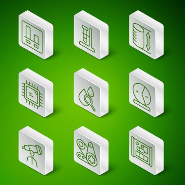 Mühendislik, zamanlama kemeri kiti, grafik bilgisi, düşüş ve büyüteç, işlemci işlemcisi, test tüpü, teleskop ve atom simgesi için çizgi grafiği hazırlayın. Vektör