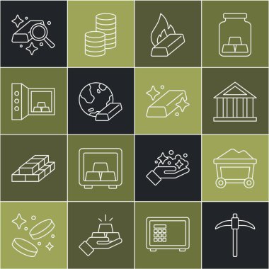 Çizgi kazma, altın dolu maden arabası, banka binası, erimiş çikolata, kasa ve ikon. Vektör