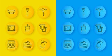 İki hoparlörlü ev teybi, katlanmış harita, cam su, armut, ekmek tostu, karpuz, şarap tirbuşonu ve çatal simgesi. Vektör