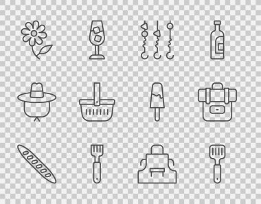 Fransız baget ekmeği, Spatula, ızgara şiş kebap şiş kebap şiş şiş şiş, çatal, çiçek, piknik sepeti, mutfak önlüğü ve yürüyüş sırt çantası ikonu. Vektör