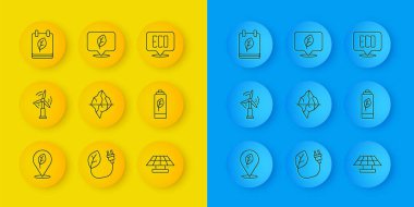 Çizgi konumunu yaprak, Rüzgar türbini, Iceberg, Güneş enerjisi paneli, Eko doğa bataryası, takvim sonbahar yaprakları, Yaprak sembolü ve simgesi ile ayarla. Vektör