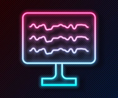 Parlayan neon çizgisi ensefalogram simgesi siyah arkaplanda izole edildi. Elektriksel aktivite. Vektör