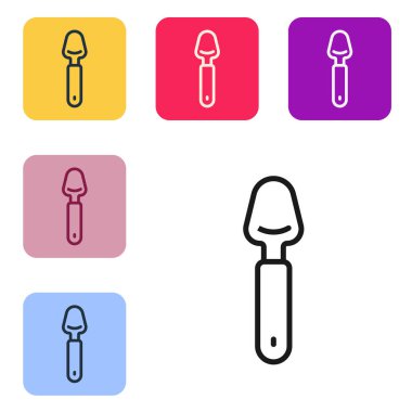 Siyah çizgi kaşık simgesi beyaz arkaplanda izole edildi. Mutfak aletleri. Çatal bıçak seti. Renkli kare düğmelerle simgeleri ayarla. Vektör