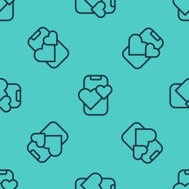 Siyah çizgi flört uygulaması çevrimiçi mobil konsept simgesi yeşil arka planda izole edilmiş kusursuz desen. Kadın erkek profili düz tasarım. Çift ilişki için eşleşiyor. Vektör