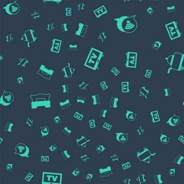 Smart TV, Wi-Fi kablosuz internet, yatak odası ve tepsiyle kaplanmış gıdalar. Vektör