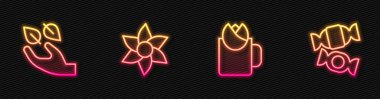 Güllü bir fincan çay, elinde çay yaprağı, çiçekli ve şekerli. Parlayan neon ikonu. Vektör