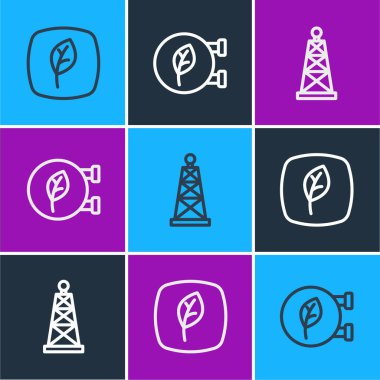 Yaprak Çevre sembolü, petrol platformu ve dükkan ikonu. Vektör