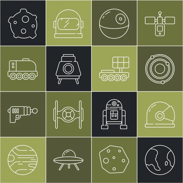 Dünya küresi, astronot miğferi, güneş sistemi, Ölüm Yıldızı, Mars gezgini, göktaşı ve ikon. Vektör