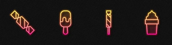 设置线糖果 冰淇淋和华夫饼锥形 发光的霓虹灯图标 — 图库矢量图片