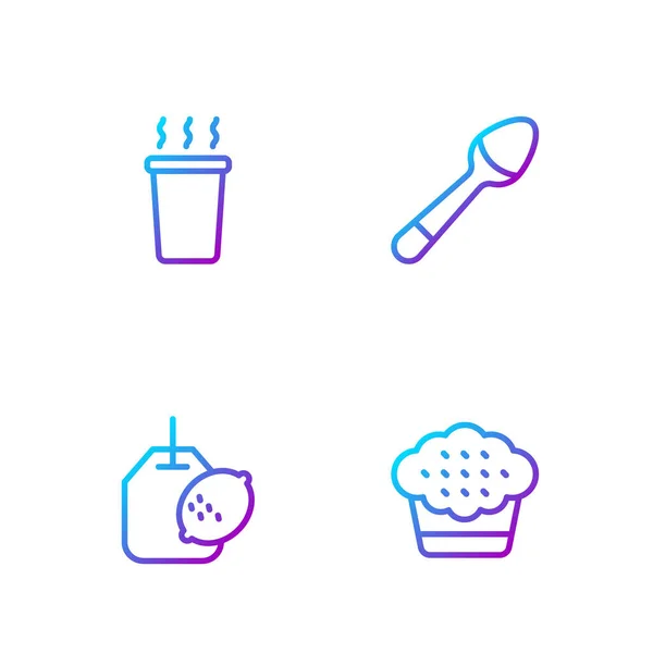 Set Line Muffin Bolsa Con Limón Taza Cucharadita Iconos Color — Vector de stock