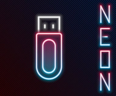 Parlayan neon hattı USB flash disk simgesi siyah arkaplanda izole edildi. Renkli taslak konsepti. Vektör