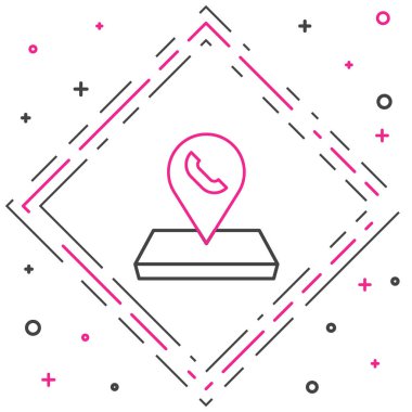 Telefon ya da iletişim simgesi içeren çizgi haritası işaretçisi beyaz arkaplanda izole edildi. Merkeze haber verin. Renkli taslak konsepti. Vektör