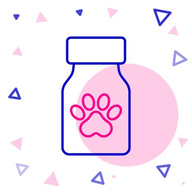 Hat ilacı şişesi ve beyaz arka planda izole edilmiş hap ikonu. İçinde haplar olan konteynır. Hayvan için reçeteli ilaç. Renkli taslak konsepti. Vektör