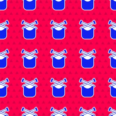 Mavi örgü simgesi, kırmızı arkaplanda izole edilmiş, pürüzsüz desen. Örgü kumaş ve iğneli yün amblemi. El yapımı, örgü ya da terzi için etiket. Vektör.