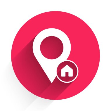 Uzun gölge arkaplan izole edilmiş ev simgesine sahip beyaz harita işaretçisi. Ev konumu belirleyici sembol. Kırmızı daire düğmesi. Vektör