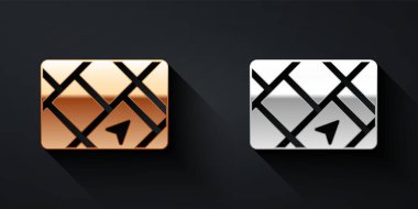 Siyah zemin üzerinde harita simgesi olan altın ve gümüş GPS cihazı. Uzun gölge tarzı. Vektör