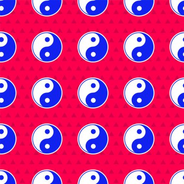 Mavi Yin Yang harmoni ve denge sembolü kırmızı arkaplanda izole edilmiş pürüzsüz desen. Vektör