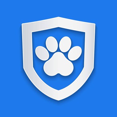 Kağıt kesiği Hayvan Sağlık Sigortası ikonu mavi arka planda izole edilmiş. Hayvan koruma konsepti. Köpek ya da kedi pençesi izi. Kağıt sanatı tarzı. Vektör