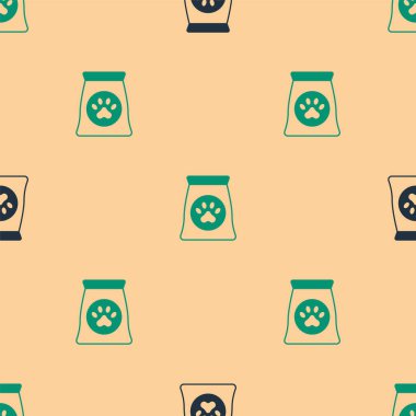 Evcil hayvan ikonu için yeşil ve siyah yiyecek torbası bej arka planda izole edilmiş pürüzsüz desen. Hayvanlar için yiyecek. Köpek kemiği işareti. Hayvan maması paketi. Vektör