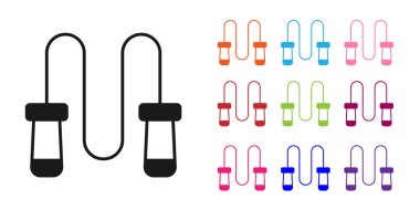 Beyaz arkaplanda siyah atlama ipi simgesi izole edildi. İp atlıyorum. Spor malzemeleri. Simgeleri renklendirin. Vektör