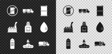 Benzin, tanker, varil yağı, teneke motor, alkol yakıcısı, petrol fabrikası binası ve benzin test tüpü ikonu için varil koymayın. Vektör
