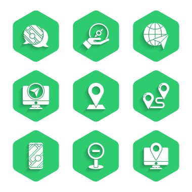 Konum belirle, dur işareti, konum işareti, rota, şehir haritası navigasyonu, Globe uçuş uçağı ve şehir simgesinin Infographic ile monitör. Vektör