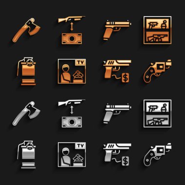 Reklam silahı, av dükkanı, küçük silah tabancası, silah satın alma, el bombası, tabanca, tabanca ya da tahta balta ve saldırı ikonu. Vektör