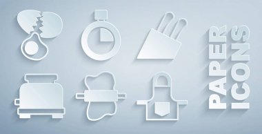 Hamur, Bıçak, Tost makinesi, Mutfak önlüğü, Kronometre ve Kırık Yumurta ikonu 'na oklavayı yerleştir. Vektör