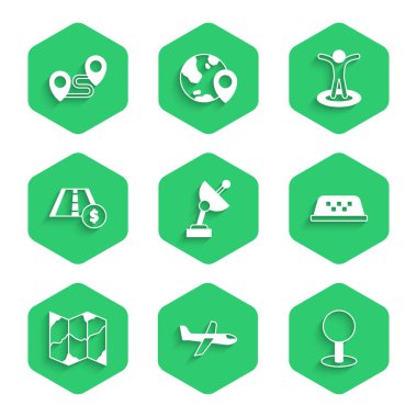 Radar, Uçak, Pim, Taksi araba çatısı, Katlanmış harita, Toll trafik levhası, kişi ve güzergah ikonuna sahip konum. Vektör