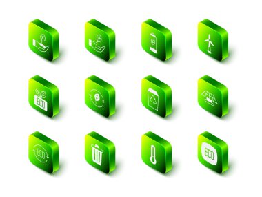 Yaprak, çevre yaprağı bataryası, rüzgar türbini, güneş enerjisi paneli, sembol, geri dönüşüm, termometre ve çöp kutusu ikonu. Vektör