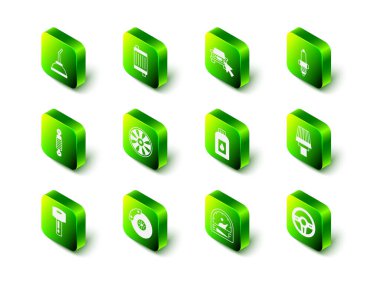 Otomobil radyatör soğutma sistemini, çevrimiçi araba paylaşımını, buji, hava filtresi, direksiyon simidini, motor yağı için teneke kutuyu, motor gazı göstergesini ve kalibre simgesi olan fren diskini ayarla. Vektör