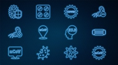 Corona virüsü 2019-nCoV, tıbbi koruyucu maske, covid-19, konum, Pozitif, Kalkan koruması, yüksek insan vücut sıcaklığı ve hap paketinin ikonu. Vektör