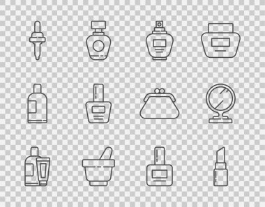 Krem veya losyon kozmetik tüpü, ruj, parfüm, havan topu, Pipette, tırnak cilası şişesi ve yuvarlak makyaj aynası ikonu. Vektör